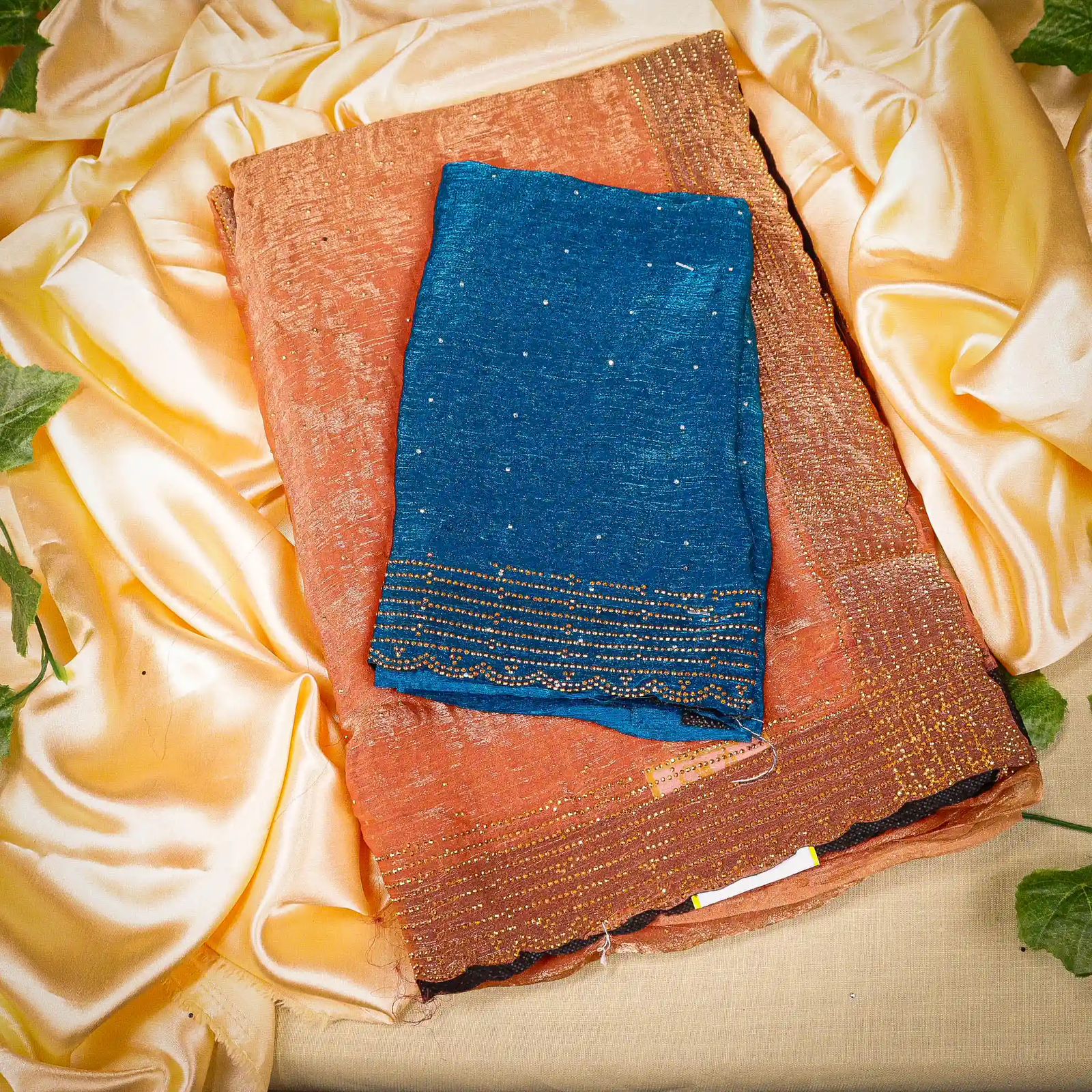 Space Silk Saree with Four Layer Stone Work  and Contrast Blouse