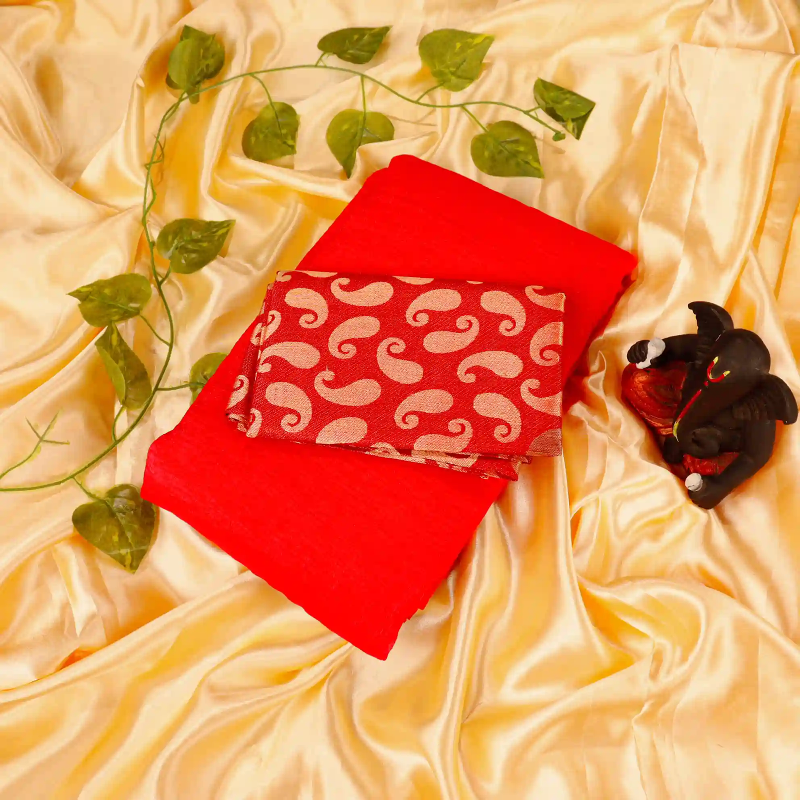 Crush Georgette Plain Saree with Contrast Jacquard or Cotton Blouse