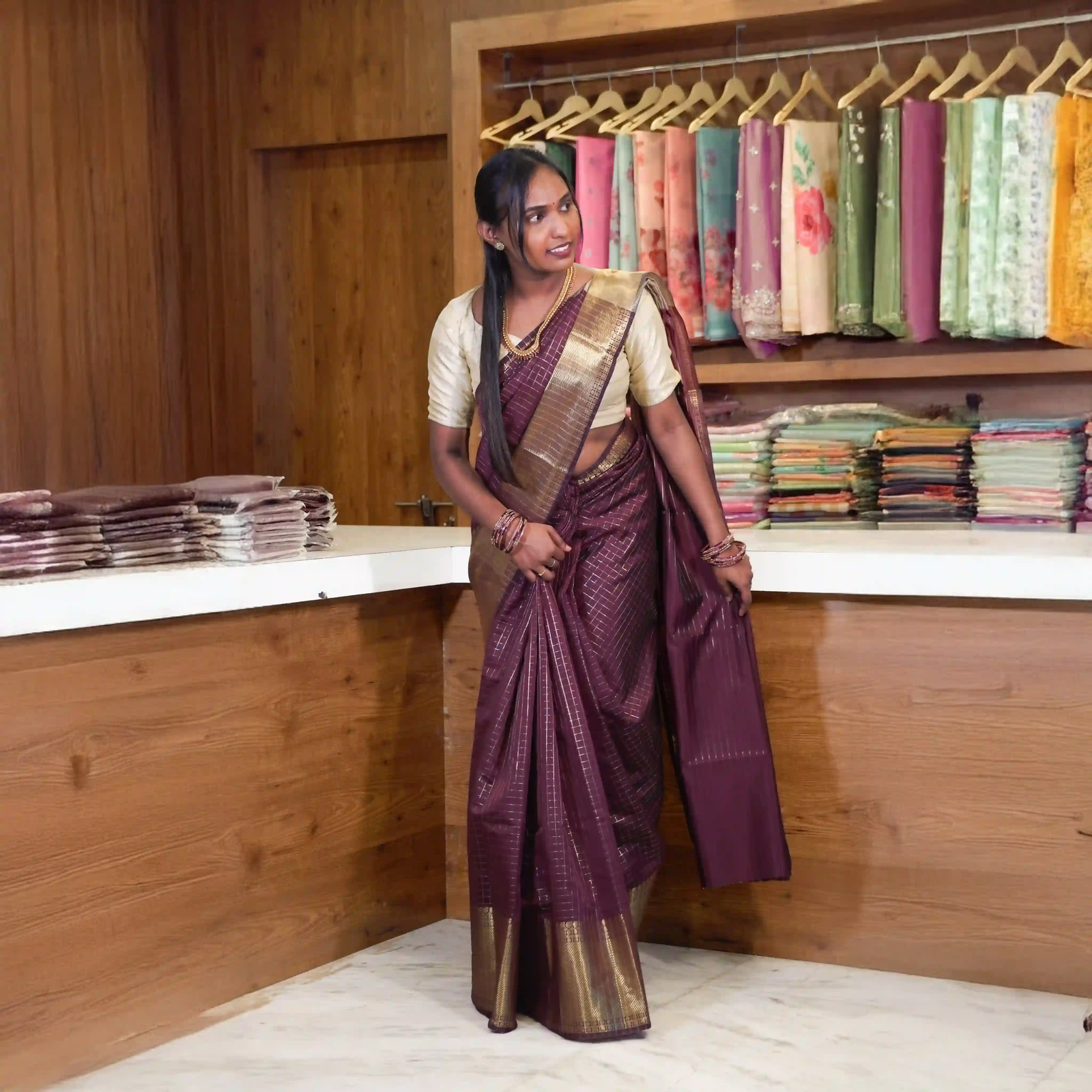 Vintage Gold Checked Border Saree with Zari Rudraksha Pattern