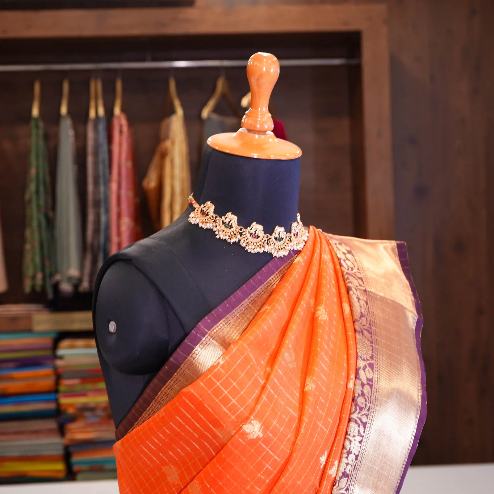 Rusty Orange Checked Saree