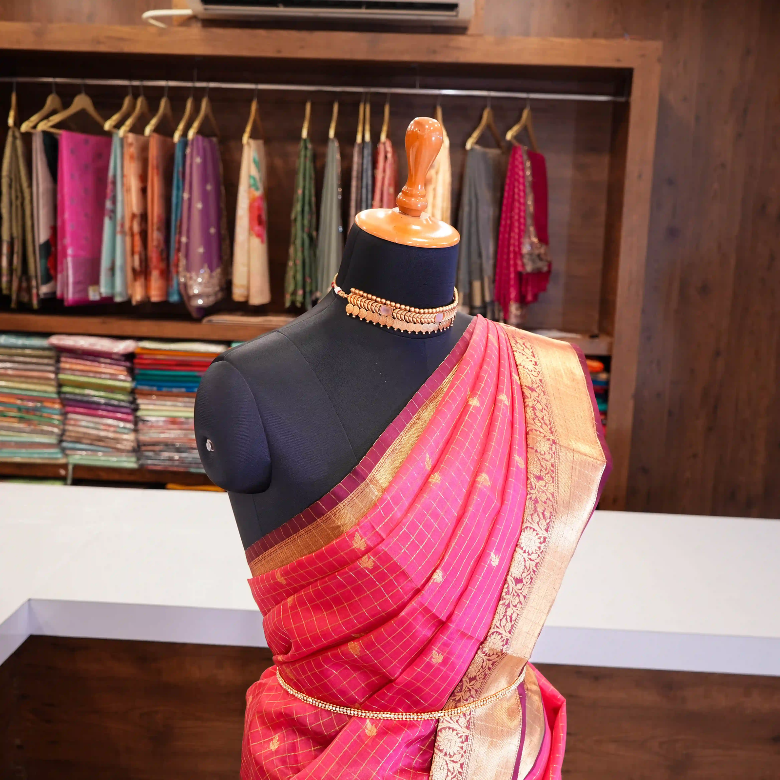 Rani Pink Checked Saree