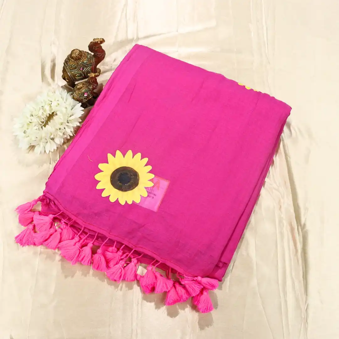 Solid Mul Cotton Saree with Tassel Border